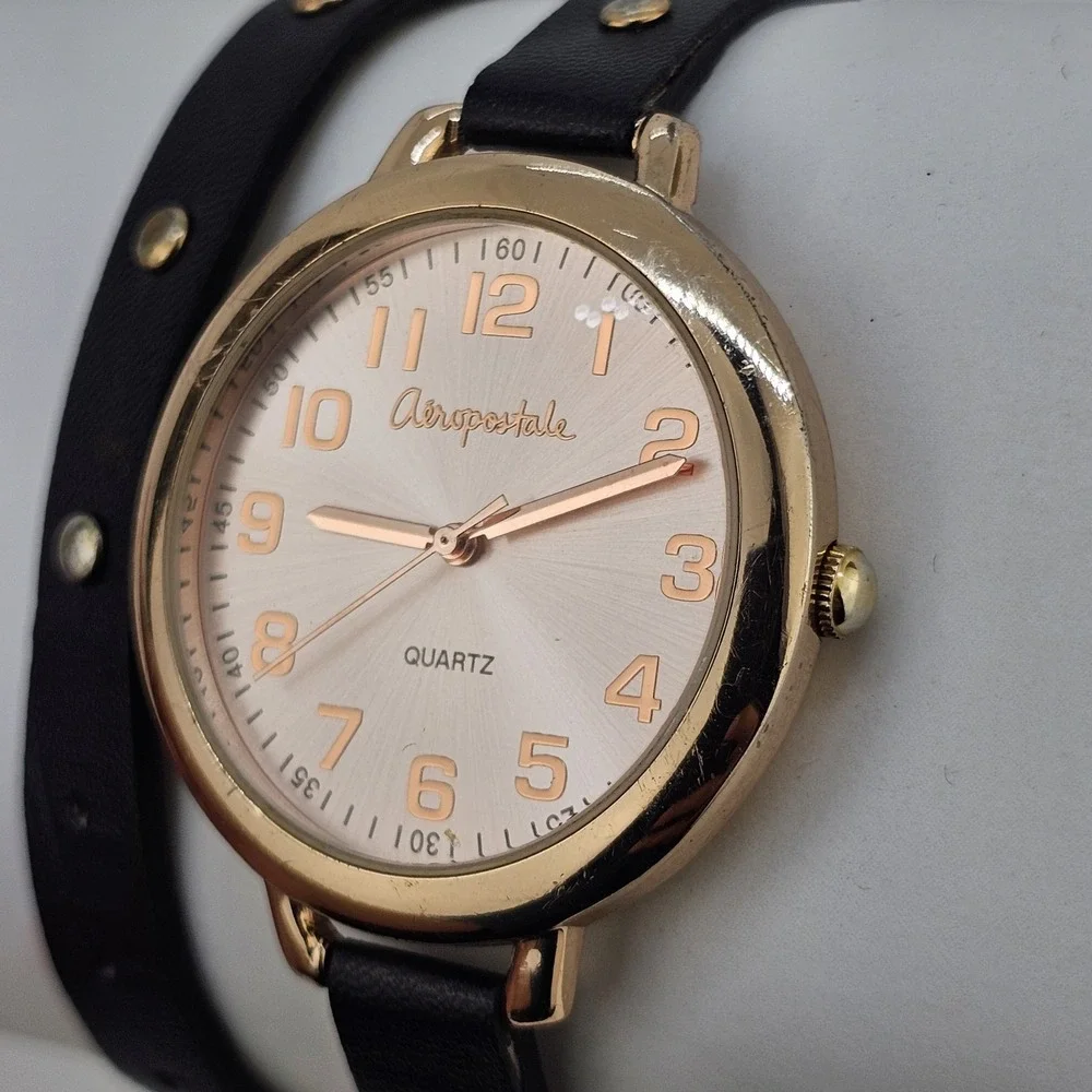 Aeropostale Double Wrap Analog Women's Watch 40MM Black Leather Band New Battery